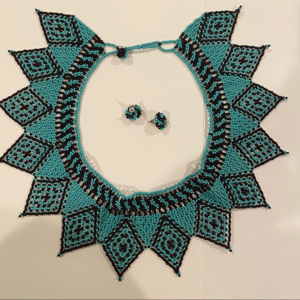 Women’s Huichol Beaded Necklace And Earrings.